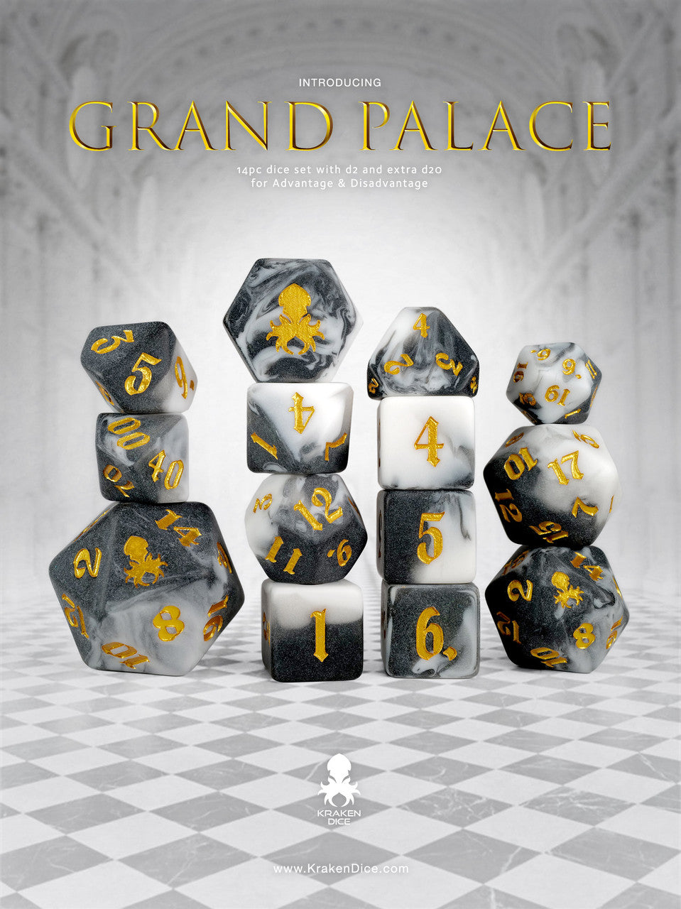 Grand Palace 14pc Dice Set inked in Gold